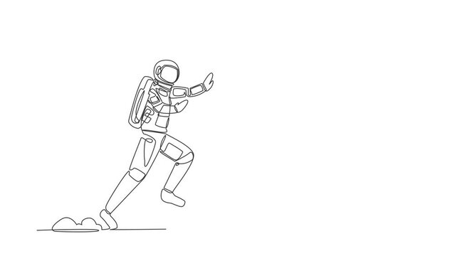Self drawing animation of single line draw astronaut run chase cup in moon surface. Enjoying black coffee while relaxing in space. Cosmonaut deep space concept. Continuous line. Full length animated
