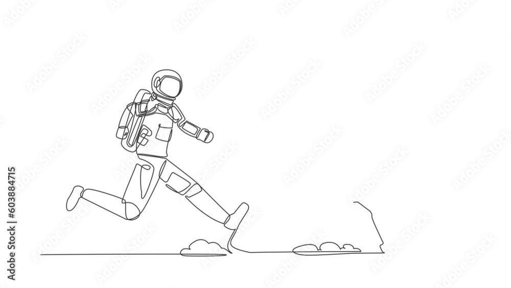 Poster animated self drawing of continuous line draw of astronaut run chasing wallet in moon surface. digit