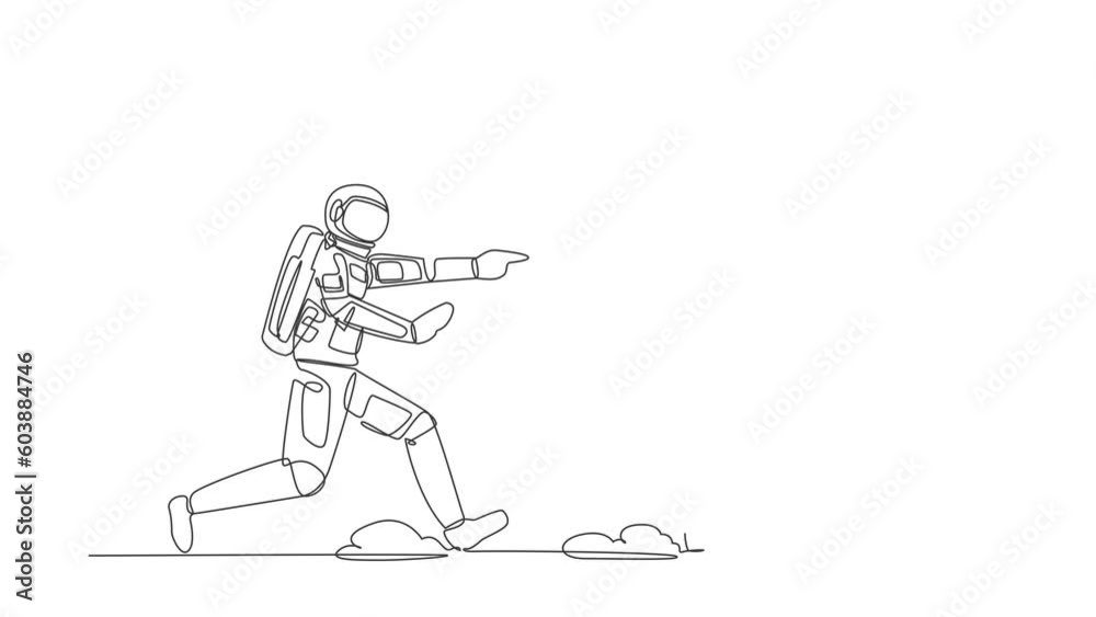 Poster animated self drawing of continuous one line draw astronaut chase dartboard target in moon surface. 