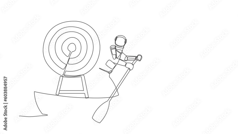 Poster animated self drawing of continuous line draw astronaut sailing away on boat with dartboard target. 