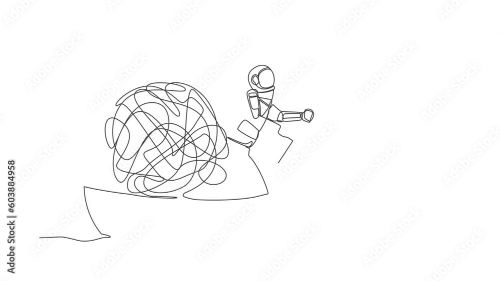 Poster self drawing animation of single line draw of astronaut sailing away on boat with messy line. anxiet