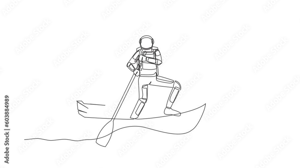 Poster animated self drawing of continuous one line draw astronaut sailing away on boat with stack of paper