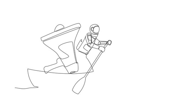 Animated self drawing of continuous line draw young astronaut sailing away on boat with megaphone. Command control room for space mission analysis. Cosmonaut deep space. Full length one line animation