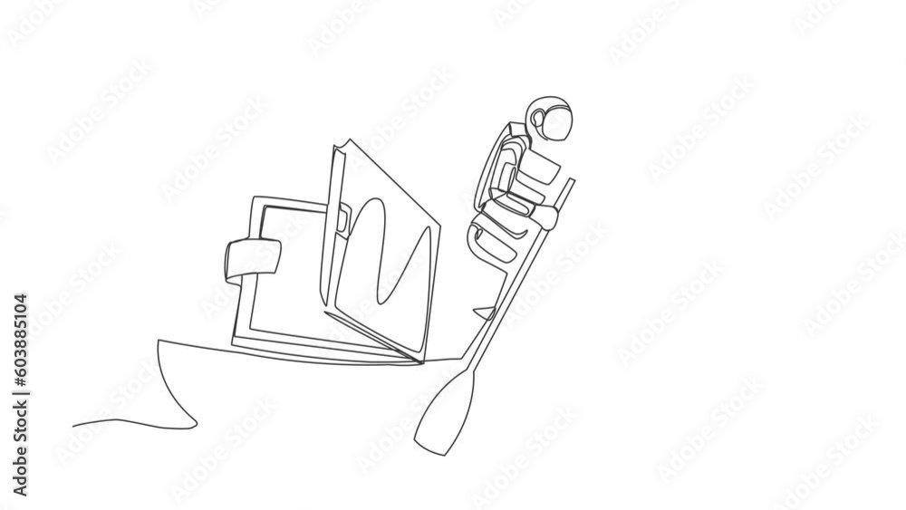 Poster animated self drawing of continuous line draw of astronaut sailing away on boat with wallet. problem