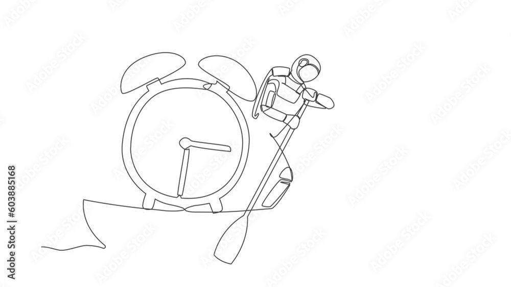 Poster animated self drawing of continuous line draw of astronaut sailing away on boat with alarm clock. ti