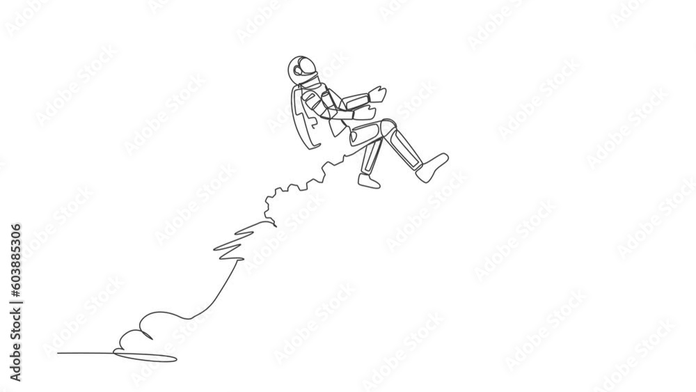 Poster animated self drawing of continuous line draw of astronaut riding gear rocket flying in moon surface