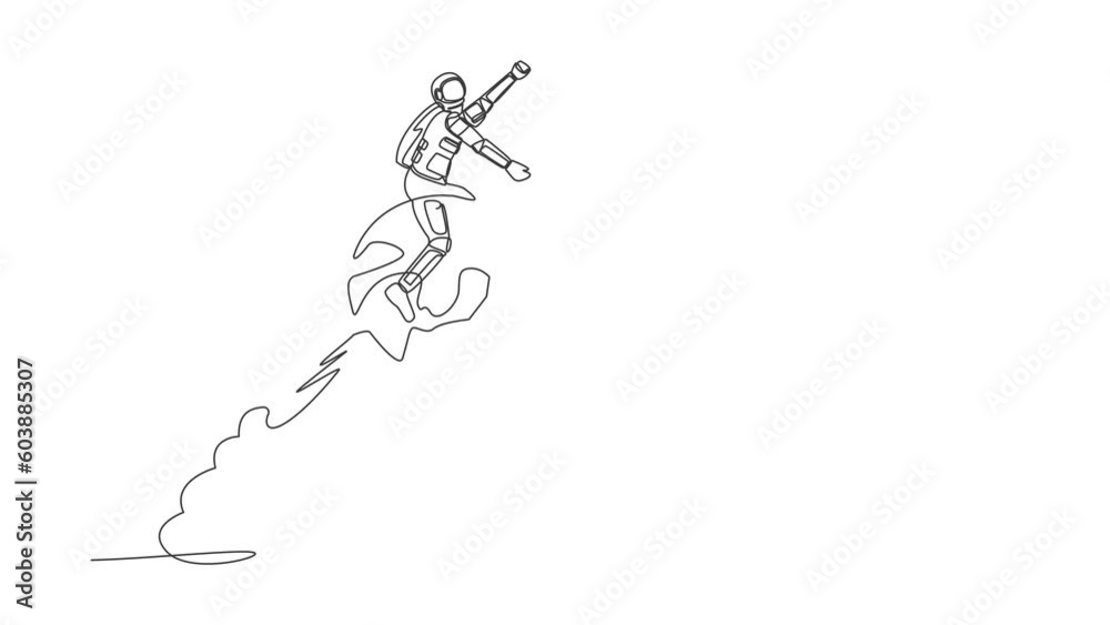 Poster animated self drawing of continuous line draw astronaut riding sphere globe rocket flying in moon su