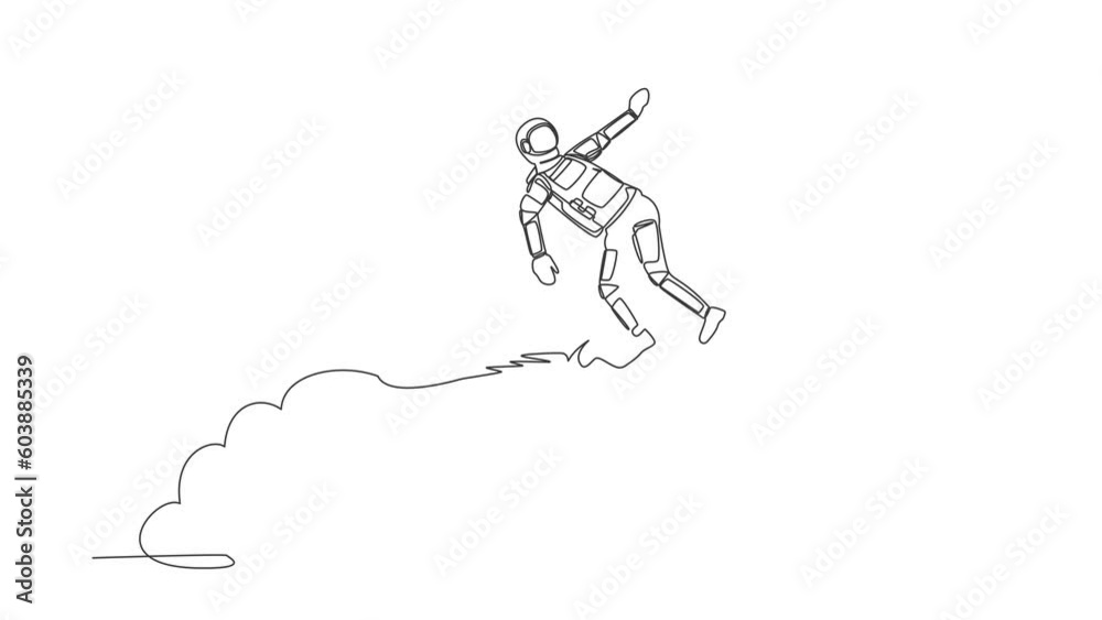 Poster animated self drawing of continuous line draw astronaut riding surfing board rocket flying in moon s