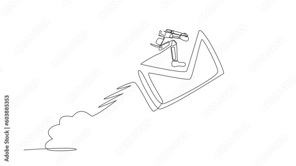 Poster animated self drawing of continuous line draw astronaut riding paper envelope rocket flying in moon 