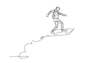 Self drawing animation of single line draw astronaut riding clipboard rocket flying in moon surface. Analyze data of space exploration. Cosmic galaxy space. Continuous line draw. Full length animated - Powered by Adobe