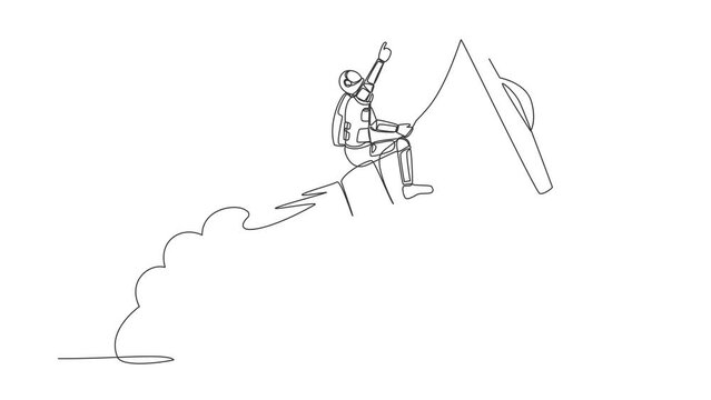 Self drawing animation of single line draw astronaut riding megaphone rocket flying in moon surface. Communication skills in intergalactic. Cosmic galaxy space. Continuous line. Full length animated