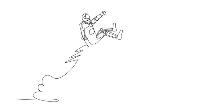 Animated self drawing of continuous line draw astronaut riding chair rocket flying in moon surface. Human resource in aerospace companies. Cosmonaut outer space. Full length single line animation