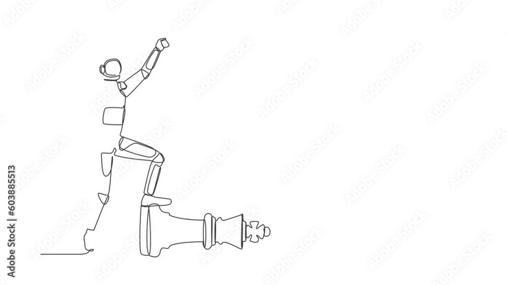 Poster animated self drawing of continuous line draw astronaut clench fist up step on chess king in moon su