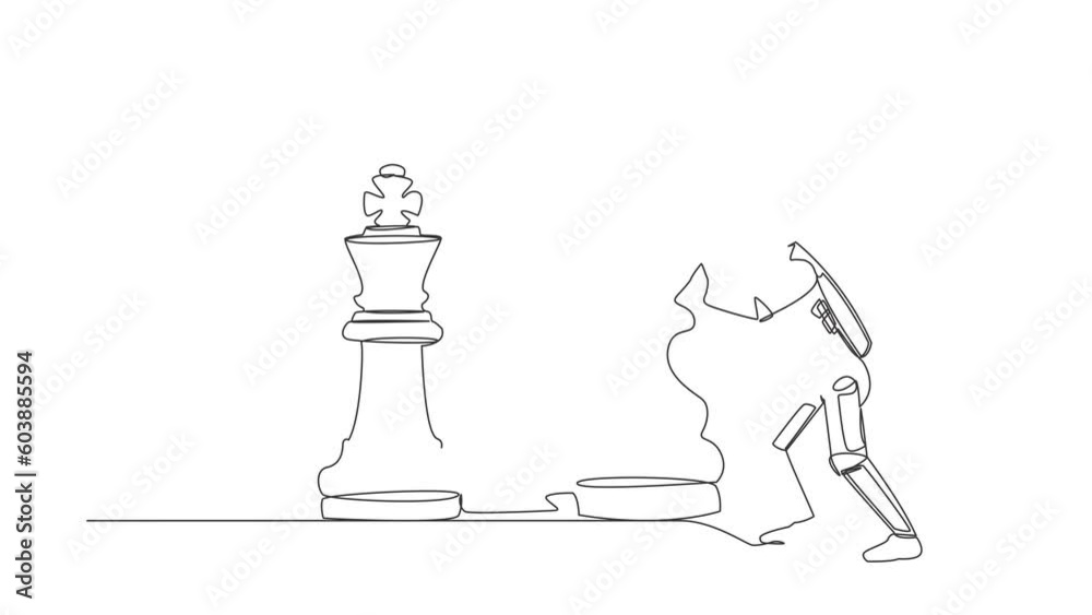 Poster animated self drawing of continuous line draw astronaut push pawn chess piece to take down king. big