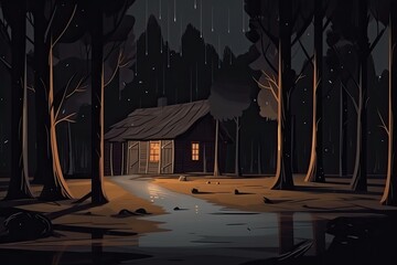 cozy cabin in the woods at night, surrounded by trees and a starry sky Generative AI