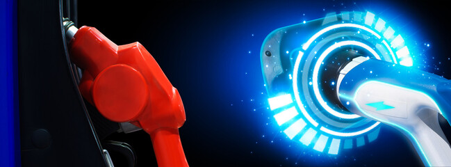 Fuel dispenser and electric vehicle charger for comparison on black background, Automotive...