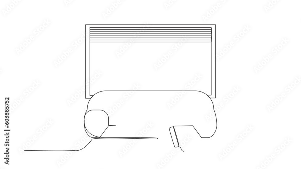 Poster animated self drawing of continuous line draw astronaut lying on sofa near windowsill at home in moo