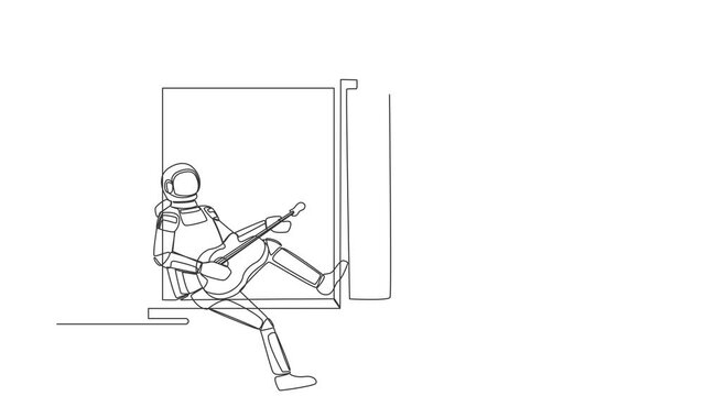 Animated self drawing of continuous line draw astronaut sitting on windowsill playing guitar, sing song in moon. Relaxation, comfort, romantic. Cosmonaut deep space. Full length one line animation