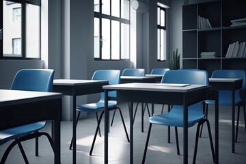 Classroom with Rows of Blue Chairs and Desk Generative AI