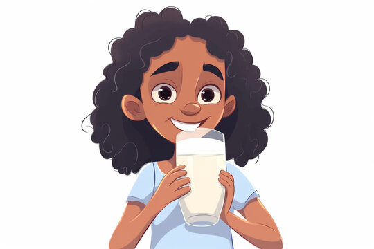 Generative AI.cute little girl holding a glass of milk in her hand. she is smiling. Favourite drink. Happy chilhood. Cartoon vector illustration isolated on white