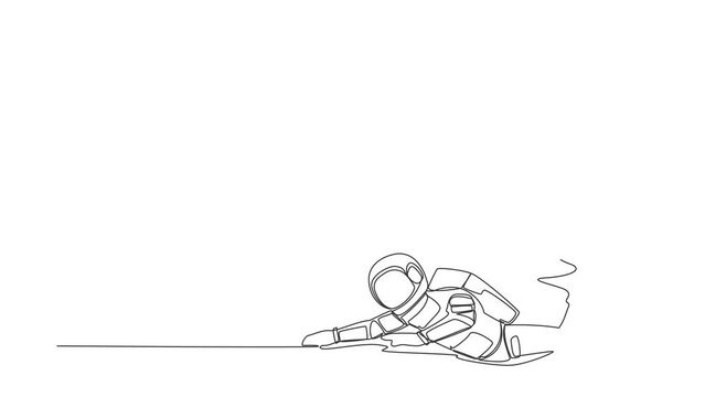 Self drawing animation of single line draw astronaut under gift box burden in moon surface. Shipping problem inter galactic connection. Cosmic galaxy space. Continuous line draw. Full length animated