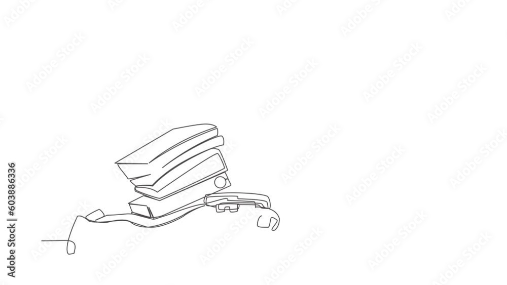 Poster animated self drawing of continuous line draw young astronaut under heavy pile paper folder burden. 