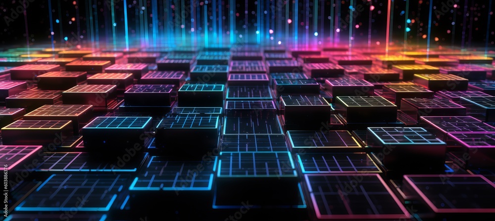 Poster Colorful glow block cube data crypto currency system network structure technology background. Generative AI technology.	