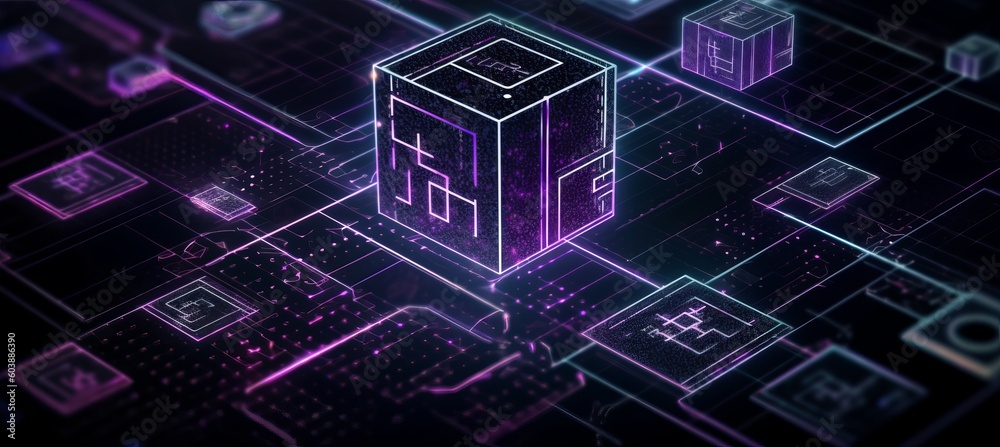Aufkleber Glow cube block data cyber system network structure technology background. Generative AI technology.	