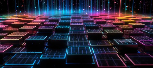 Colorful glow block cube data crypto currency system network structure technology background. Generative AI technology.	