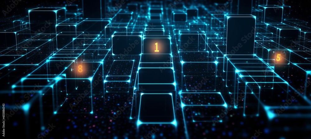 Poster Glow cube data blockchain network system structure technology background. Generative AI technology.	