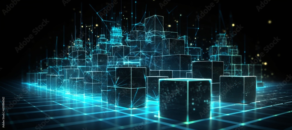 Poster Smart square blockchain global data network system structure technology background. Generative AI technology.	