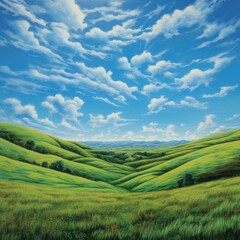 Obraz premium Grass, rolling hills, clouds, valley, peaceful, field 