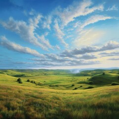 Fototapeta premium Grass, rolling hills, clouds, valley, peaceful, field 