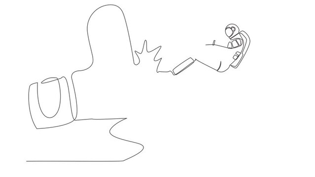 Self drawing animation of single line draw astronaut kicked out by big foot in moon. Bankruptcy, insolvency. Spaceman become unemployed. Cosmic galaxy space. Continuous line draw. Full length animated