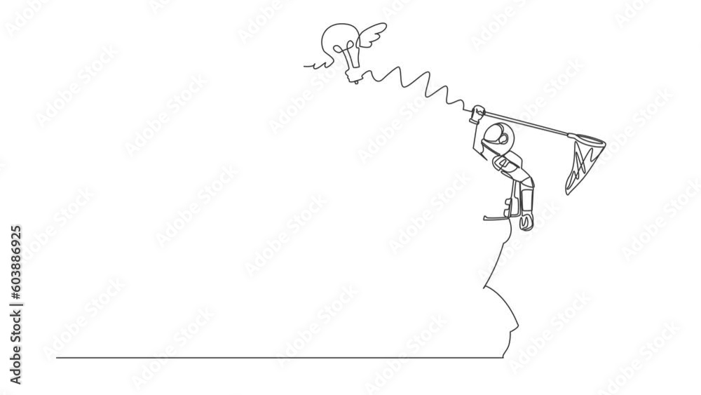 Poster self drawing animation of single line draw astronaut try to catching flying light bulb with butterfl