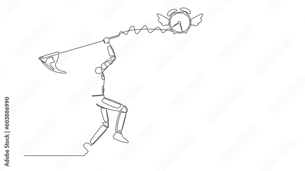 Poster self drawing animation of single line draw astronaut try to catching flying alarm clock with butterf