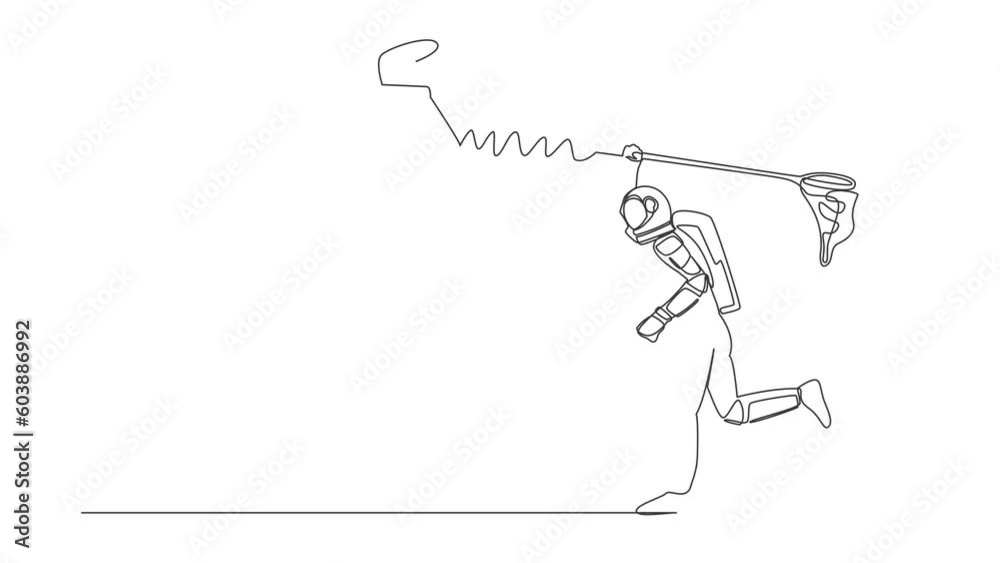 Poster self drawing animation of single line draw astronaut try to catching flying book with butterfly net.