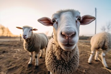 Obraz premium curious sheep staring directly at the viewer Generative AI