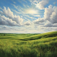 Obraz premium Grass, rolling hills, clouds, valley, peaceful, field 