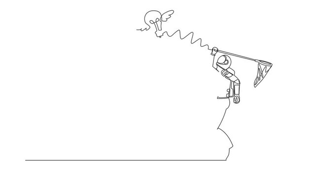 Self drawing animation of single line draw astronaut try to catching flying light bulb with butterfly net. Creative idea planet expedition. Cosmic galaxy space. Continuous line. Full length animated