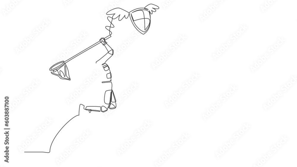 Poster animated self drawing of continuous line draw astronaut try to catching flying shield with butterfly