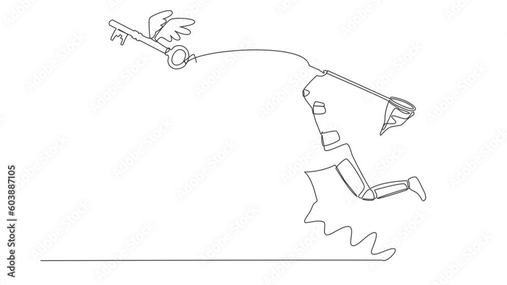 Poster animated self drawing of continuous line draw young astronaut try to catching flying key with butter