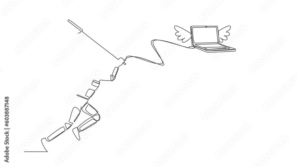 Poster animated self drawing of single continuous line draw astronaut try to catching flying laptop with ne