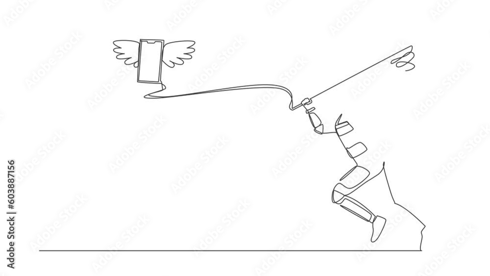Poster animated self drawing of continuous line draw astronaut try to catch flying smartphone with net. com