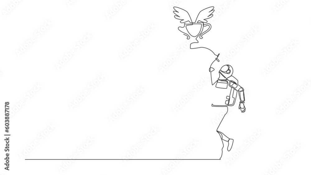 Poster self drawing animation of single one line draw astronaut try to catching flying trophy with net. vic