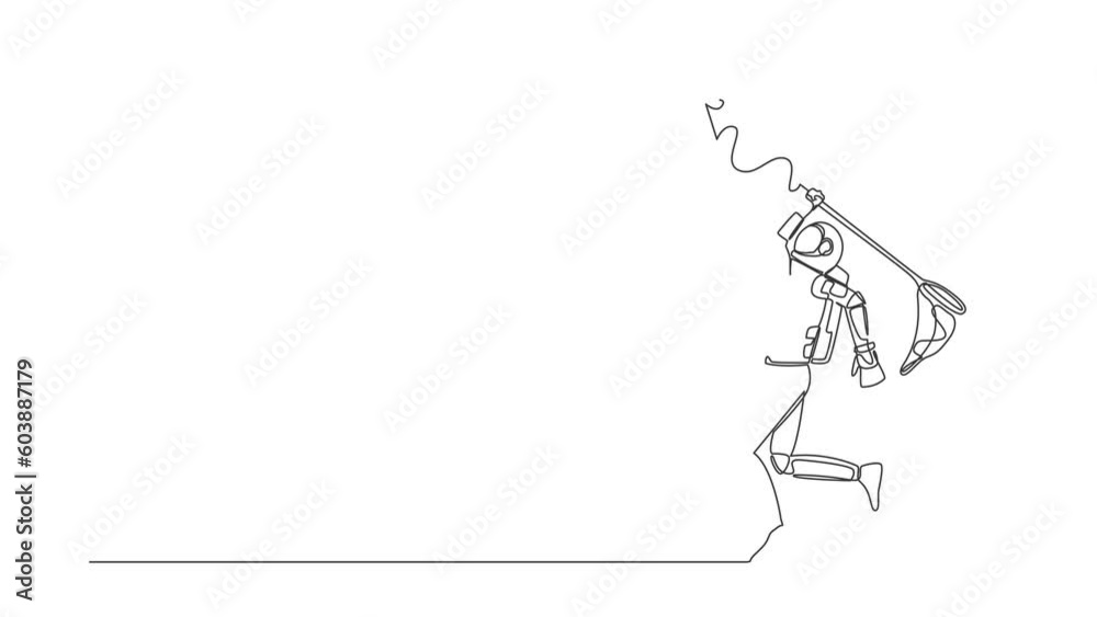 Poster animated self drawing of continuous line draw astronaut try to catch flying folder icon with net. an
