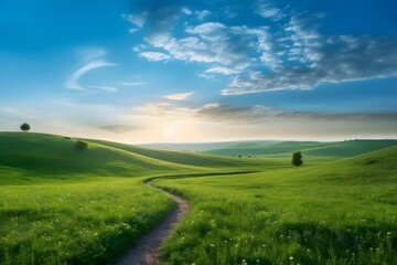 Obraz premium landscape with grass road on field blue clear sky