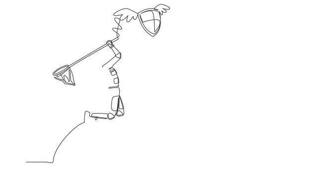 Animated self drawing of continuous line draw astronaut try to catching flying shield with butterfly net. Security for spaceship protection. Cosmonaut outer space. Full length single line animation