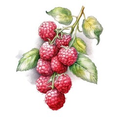 Raspberries in watercolor style with ink outline on white background (generative AI)