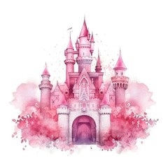 An isolated illustration of a pink watercolor castle. (Generative AI)